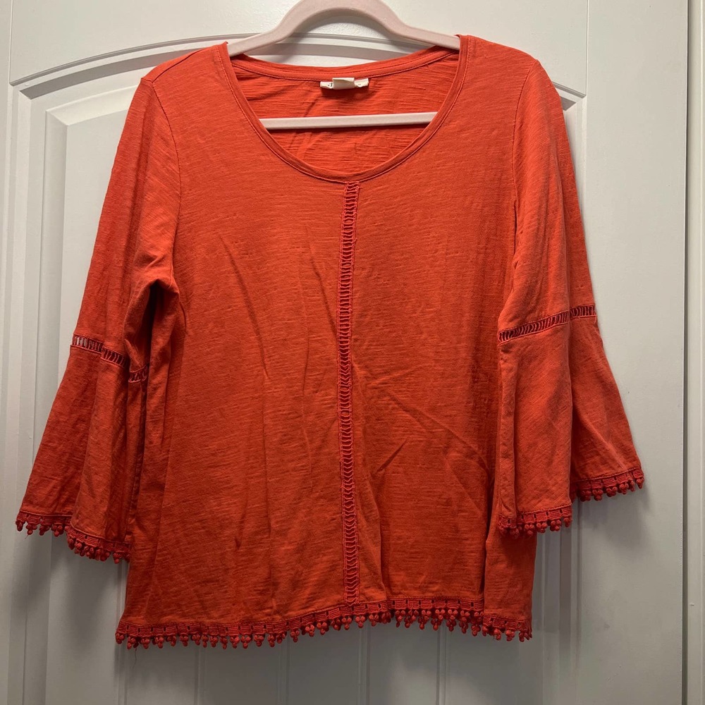 Style & Co Women's Petite Cotton Crochet Trim‎ Bell Sleeve Top Size PM Orange